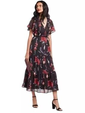 a new day Black Floral Maxi Dress with Red Blossoms